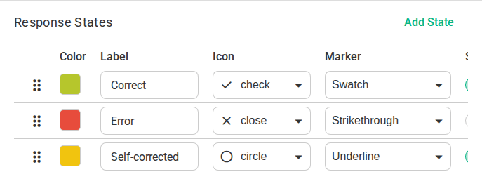 The response states table: each state's colour, label, icon and marker