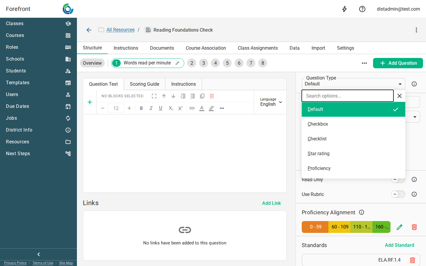 The Question Type menu open on a question, its first choices Default, Checkbox, Checklist, Star rating and Proficiency