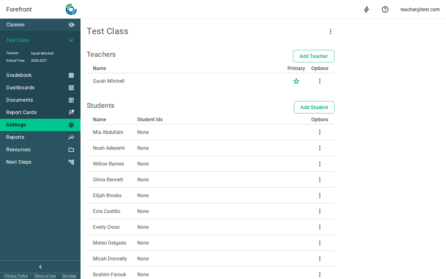 The class settings page