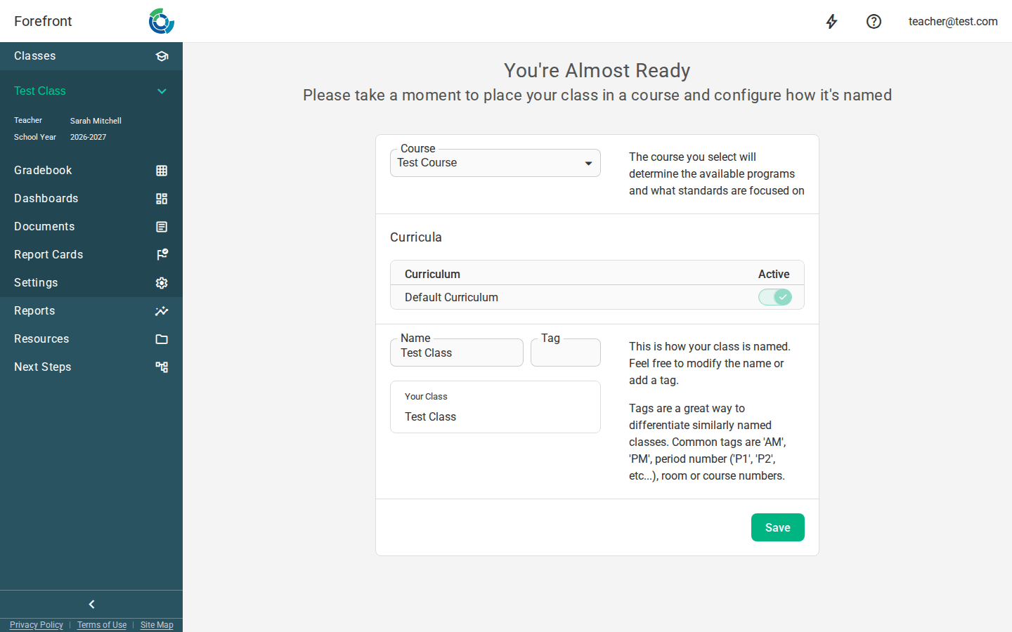 The class setup page