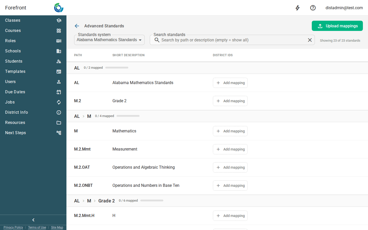 The advanced standards mapping page