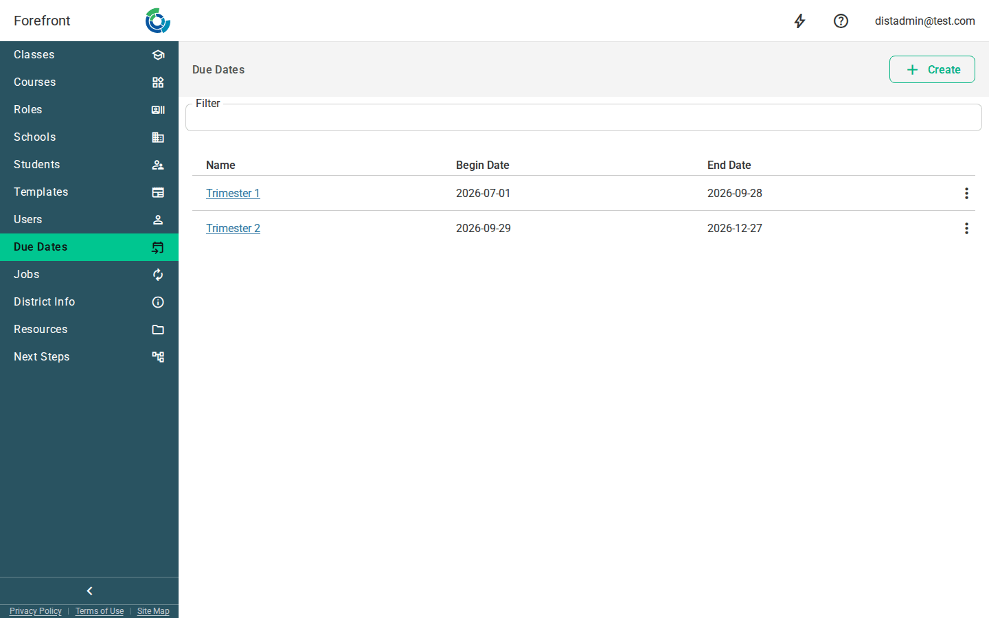 The manage due dates page
