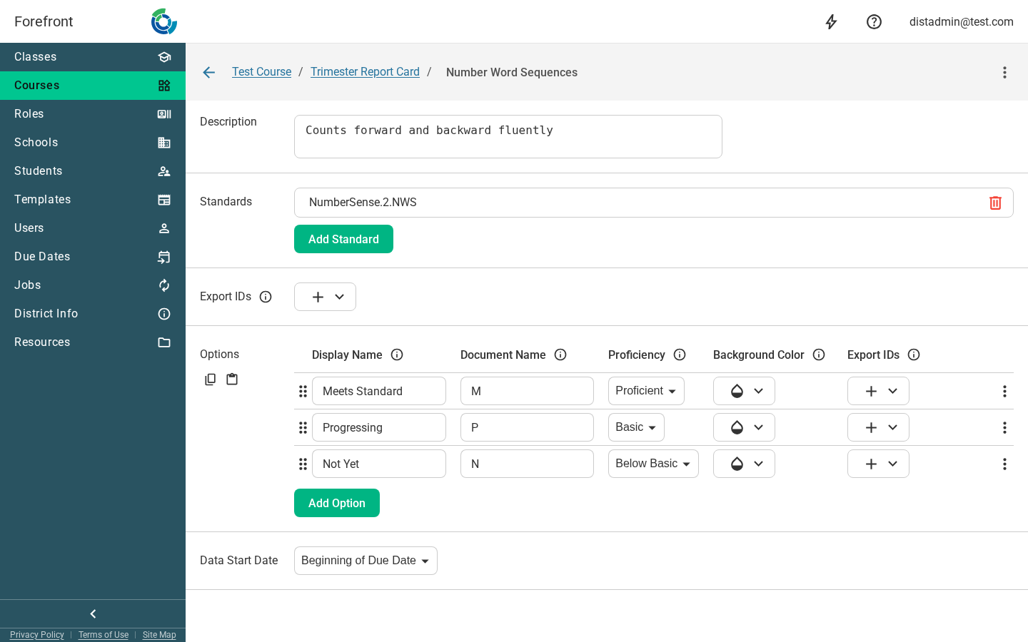 The report card descriptor editor