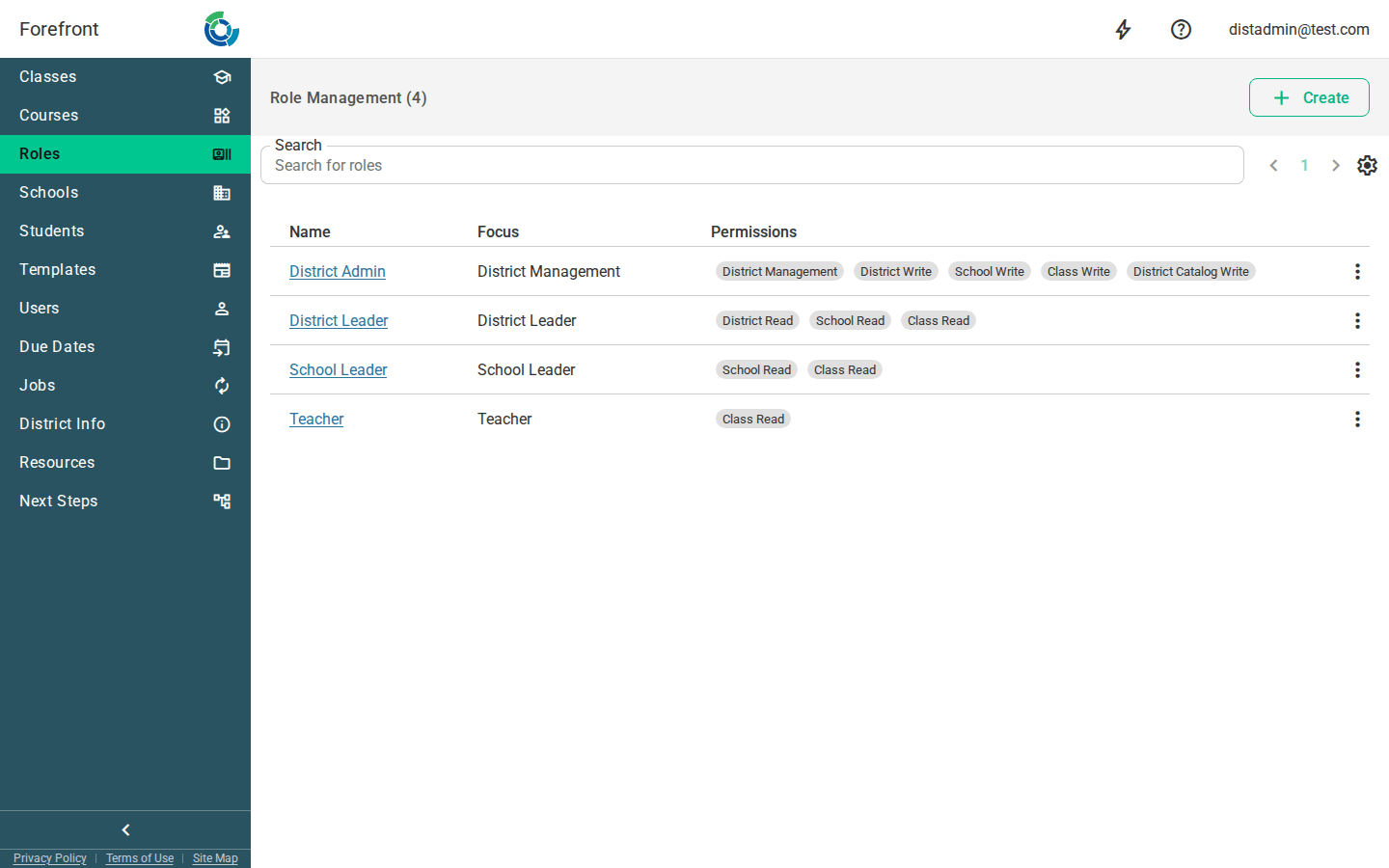 The role management page