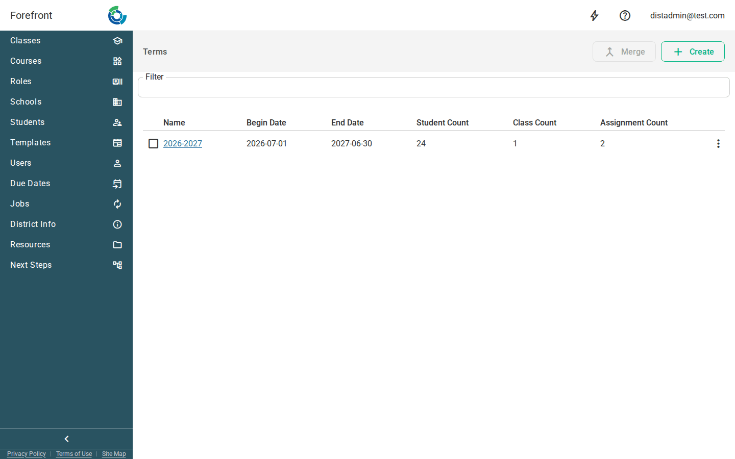 The terms management page