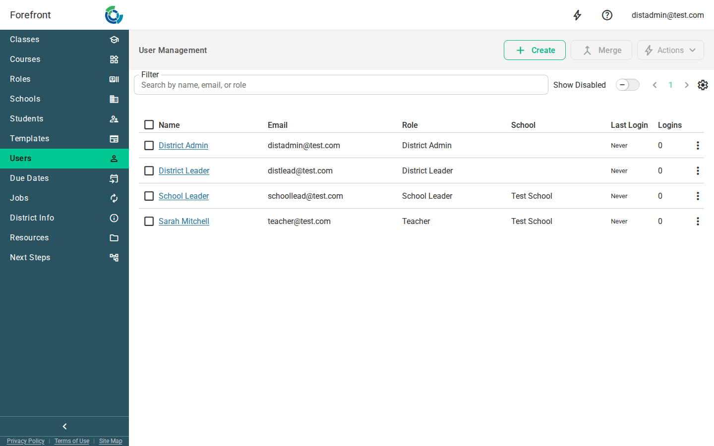 The user management page