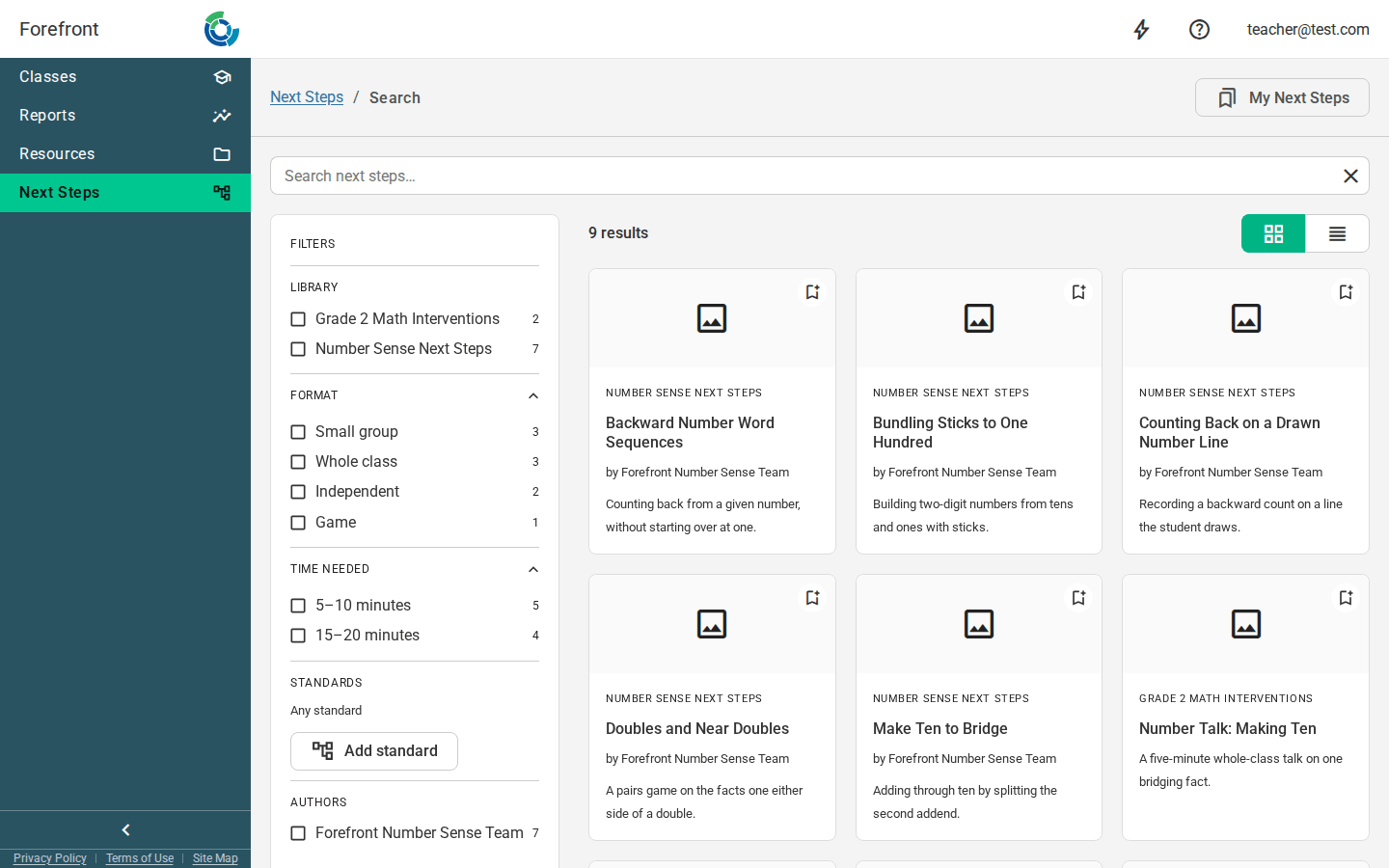 The Next Steps search results page, with the filter rail on the left and result cards on the right