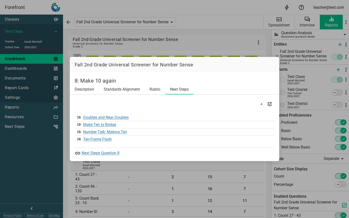 The Next Steps tab of a question opened from a report, showing the Next Steps For Support row and the question's own links below it