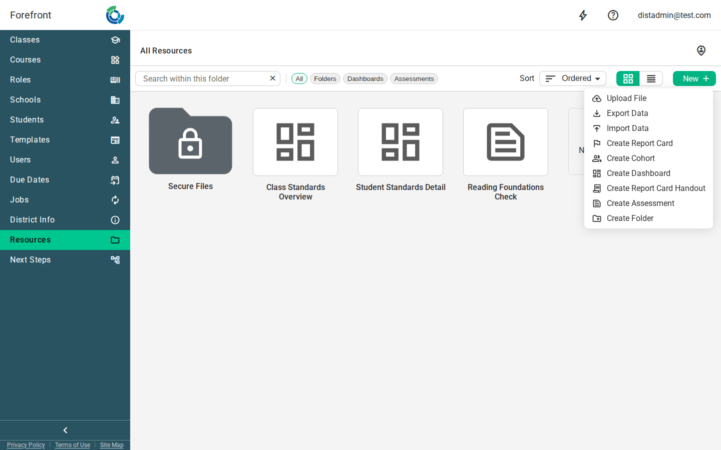 The Resources page with the New menu open, showing Create Assessment and Create Folder