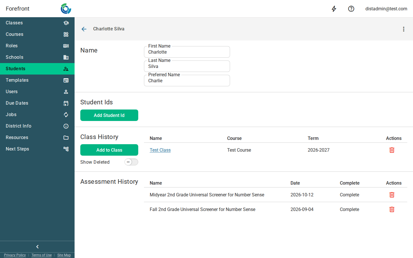 A student's record, with First Name Charlotte, Last Name Silva and Preferred Name Charlie
