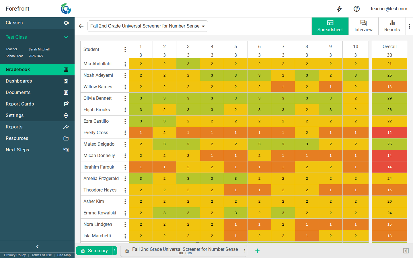 The assessment spreadsheet grid