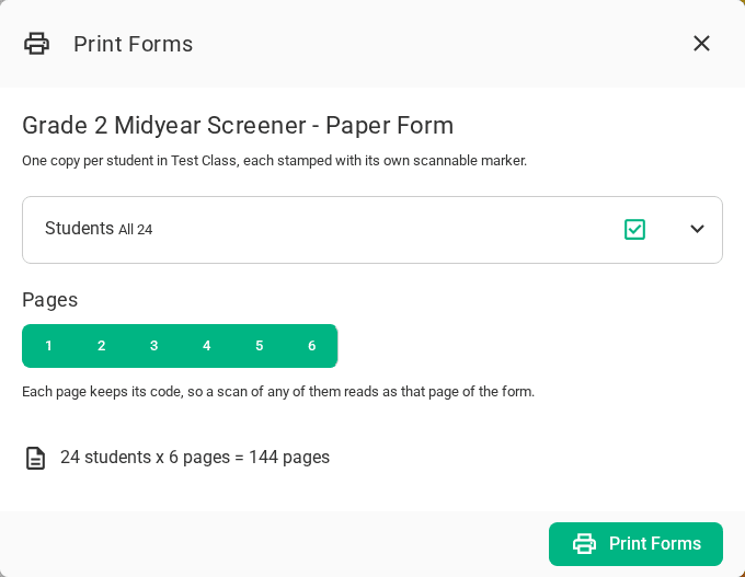 The Print Forms dialog: the form, the class's students, and which pages to print