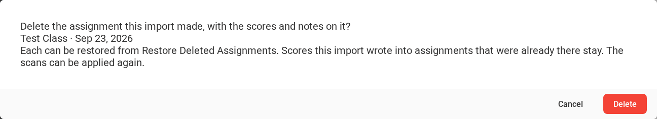 The Undo Import confirmation, listing the assignment the import made
