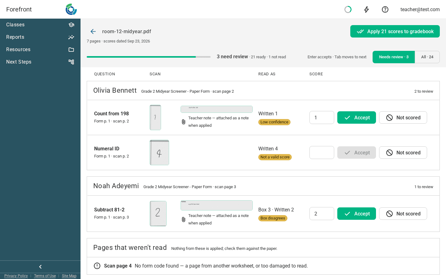 The review page on Needs review: each student's questions that need a look, with the scanned score cell beside what was read