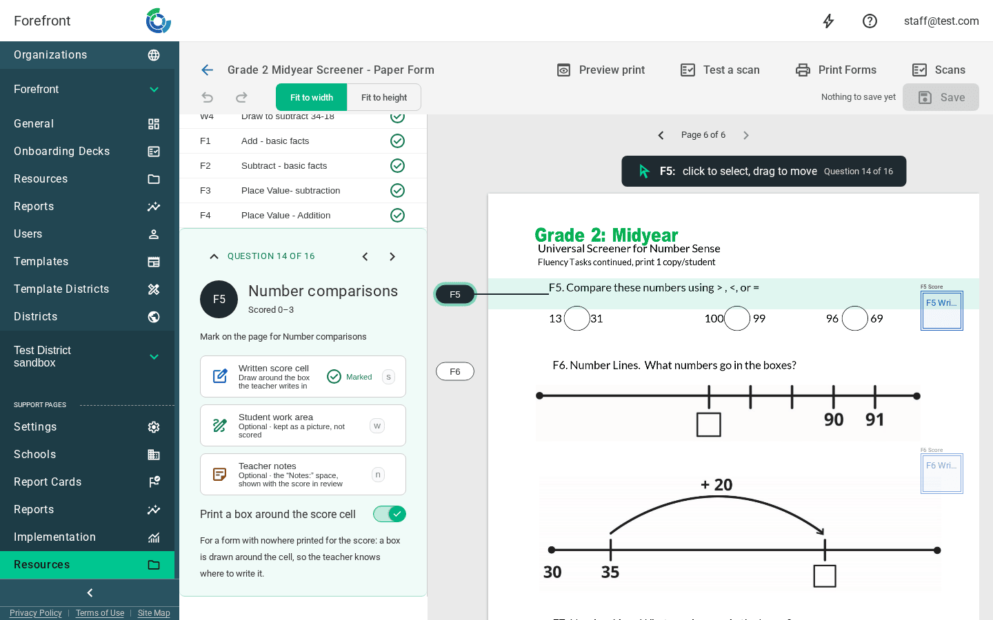 A page with no printed score boxes; the fluency questions' score cells are drawn, each labelled with its question