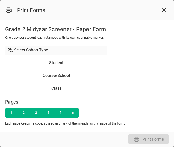 The Print Forms dialog opened from the editor: pick who to print for, and which pages