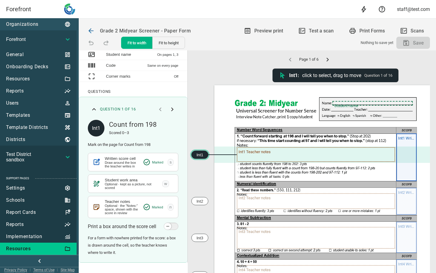 The paper form editor, with the first interview question open and its score cell and notes space marked