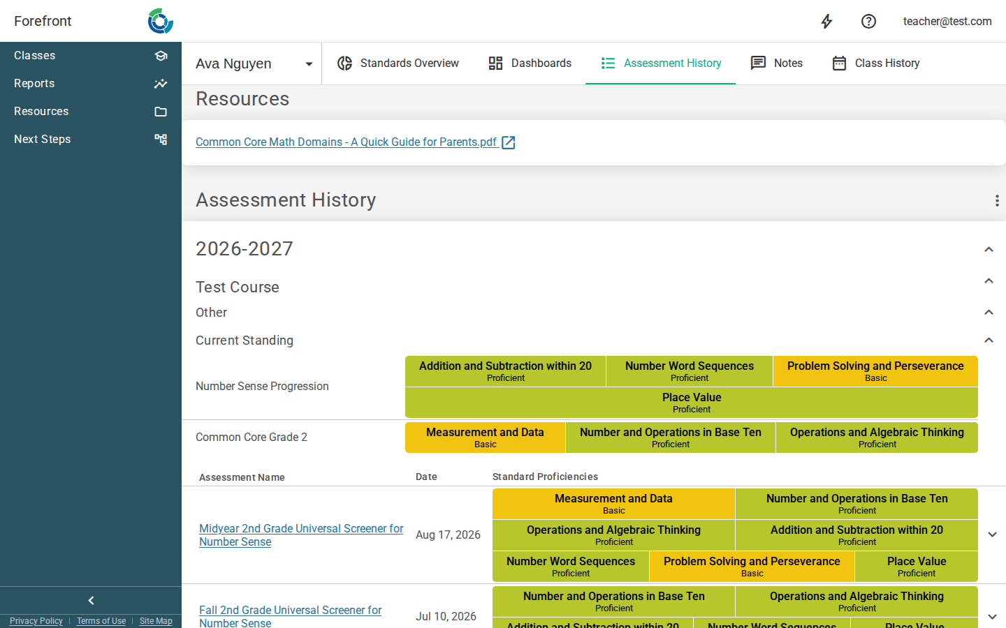 The student assessment history page
